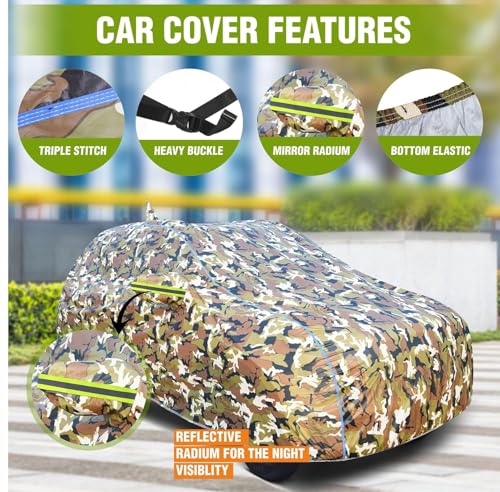 Image of for Maruti Baleno Car Cover for All Weather Protection with 100% Waterproof, Mirror Pockets, Soft Lining, Triple Stitched, Adjustable Belt and Bottom Elastic to Secure Fit (Army Print)