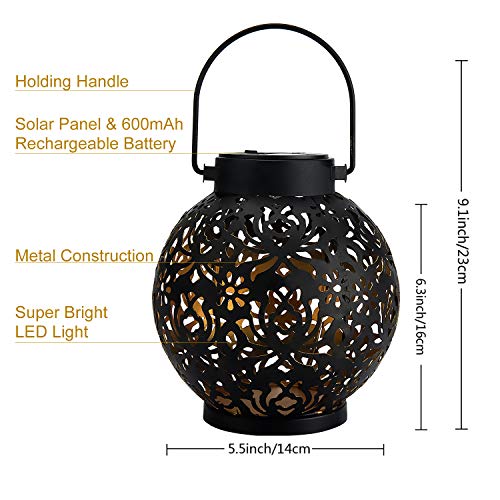 Image of 2 Pack Outdoor Solar Hanging Lantern Lights Metal LED Decorative Christmas Light for Garden Patio Courtyard Lawn and Tabletop with Hollowed-Out Design. 2 Color Options Black and Bronze.