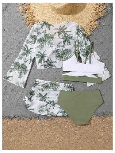 Image of WDIRARA Girl's 4 Piece Color Block Swimsuit and Coverup Set Tree Print Boho Swimwear