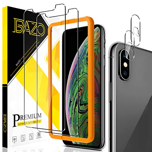 [2+2 Pack] BAZO Screen Protector and Camera Lens Protector for iPhone X Xs 5.8  , [Easy Installation Frame] [Anti-Scratch] [Bubble Free] [Case Friendly] 9H Hardness HD Clear Tempered Glass Film