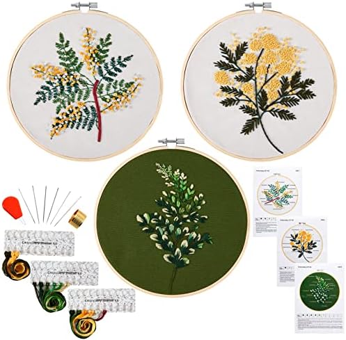 Embroidery Kits for Beginners Adults, Stamped Cross Stitch kits for Adult Beginners Embroidery Starter Kit with Plant Pattern, 3 Embroidery Hoop Fabric, Needle Thread (Attached Teaching Video QR Code)