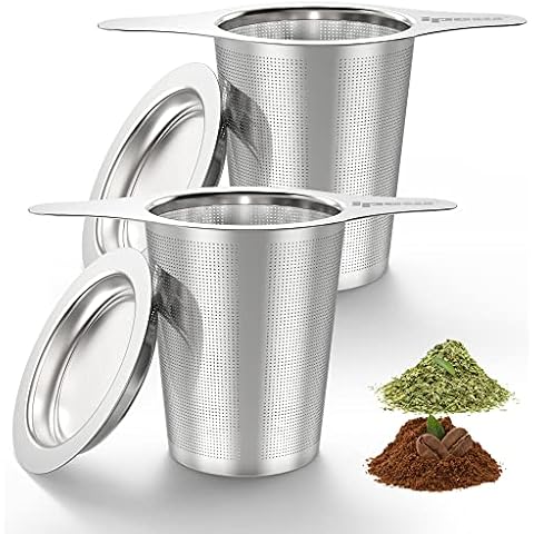 IPOW 2 Pack Extra Fine Mesh Coffee Filter with Coaster Lid and Double-sided Handle, Micron Mesh Tea Infuser for Loose Tea, Food-grade Stainless Steel Cover