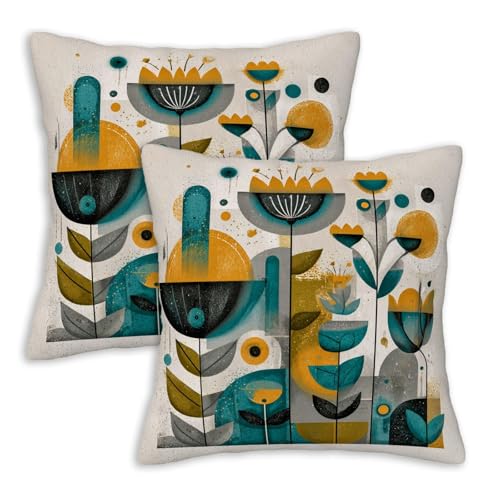 XroVindao Geometric Floral Throw Pillow Covers 18x18 Set of 2 | Scandinavian Abstract Botanical Cushion Covers | Mid Century Modern Decorative Pillowcases for Couch Sofa Living Room Bedroom Decor