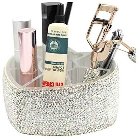 Desktop Cosmetic Storage Box 8-hole Heart-Shaped Bling bling Rhinestone Cosmetic Tools storage Box Jewelry Storage Box Cover