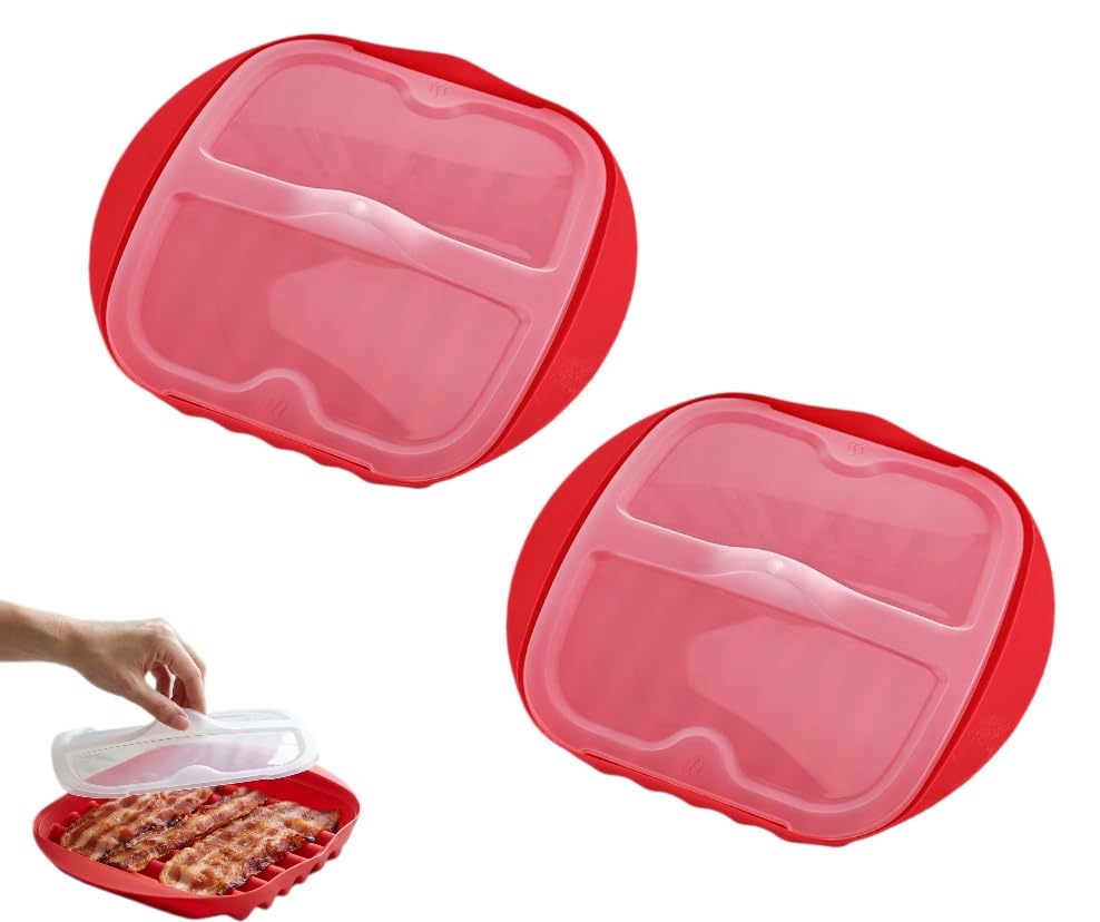 Microwave Bacon Cooker 2 Pack – Red Bacon Crisper Tray with Splatter Cover