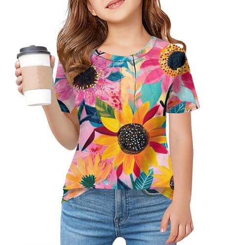 Girls' Floral Print Short Sleeve T-Shirt Pleated Soft Comfortable Summer Tops for Kids, Ages 2-13 Years