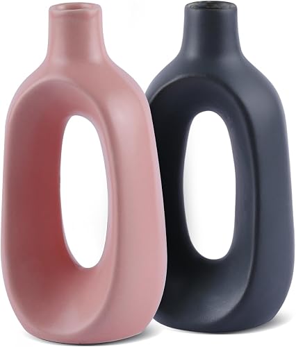 Handicrafts Home Ceramic Vase Set of 2, Sculptural Hollow Flower Vases for Modern Home Decor, Matte Pink Black Decorative Vase Set for Pampas Grass Shelf Coffee Table Mantel, Dried or Fresh Flowers