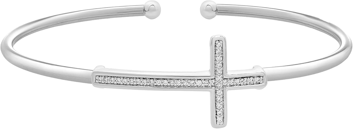 Timeless Love 1/10 CTTW Diamond 6.5" Cross Bangle Bracelet, Dainty Jewelry for Women, Luxury Fashion Bangle for Women, Women’s Religious Faith Jewelry Gifts
