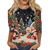 Generisch Pailletten Oberteil Baumwoll Pullover Damen Tshirt mit Glitzer Weihnachts Kleid Weihnachtspulli Norweger Ugly Christmas Sweater Langarm Blau S