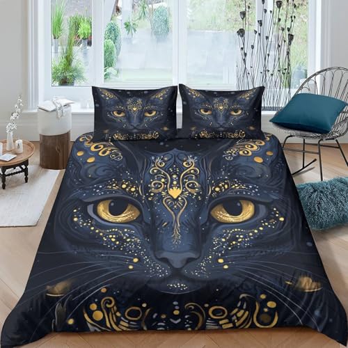 Housse de couette chat noir 140x200cm lit enfant avec parure de lit microfibre 3D
