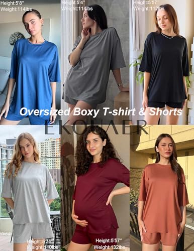 Image of Ekouaer Women's Two Piece Lounge Set Oversized Boxy T-shirt Casual Short Sets Summer Travel Matching Set 2026 Fashion