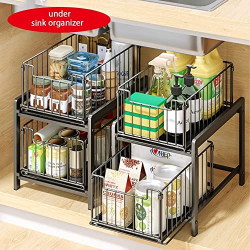 Wuudi 2 Tier Sliding Baskets Cupboard Organiser, Kitchen Cupboard Cabinet Organizer Basket, Pull-Out Mesh Baskets Drawer, Under Sink Extendable Steel Drawers - Image 2