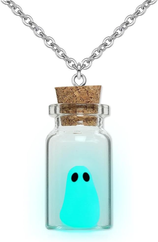 Ghost Necklace, (Blue) The Adopt A Ghost in A Bottle Pendant Necklace Halloween Jewelry for Women and Men