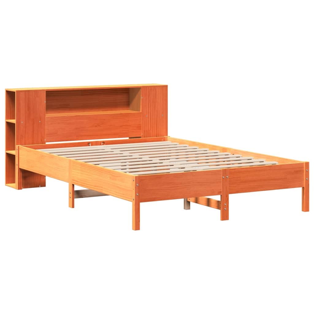 Cama de madera maciza de pino de 140 x 200 cm, color marrón cero, con estante, cabecero de lamas, cama doble, ahorra espacio, para dormitorio, habitación de invitados, habitación juven