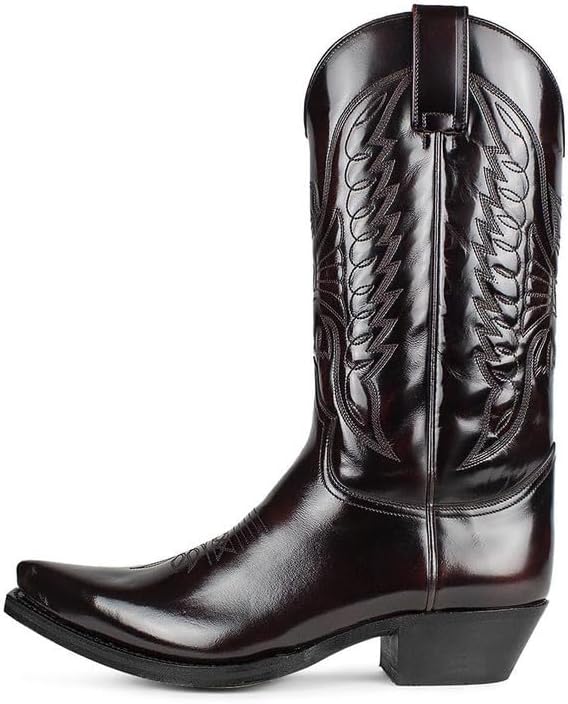 Cowboy Boots Men Boots Pointed Toe Vintage Square Toe Chunky Block Heel Pointed Mid-Calf Leather Western Boots