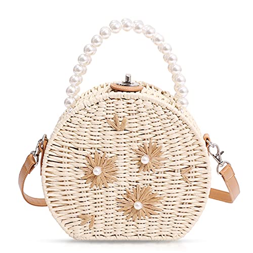 Straw Bag, Crossbody Bags for Women, Pearl Handbag Hard Box Handbags, Bohemian Handmade Woven Bag，Parties, Vacations Beach Bag(Beige)