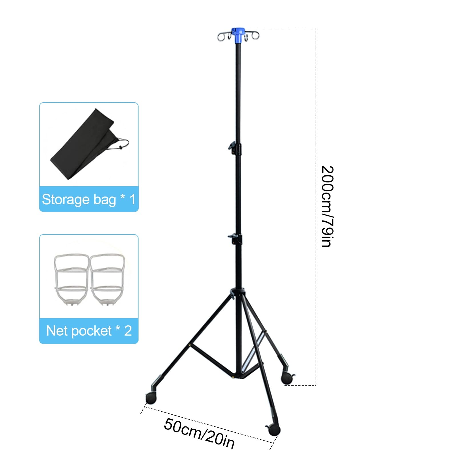 Potence pour Perfusion Intraveineuse avec roulettes, avec 4 Crochets, Portable, Pliable, Réglable en Hauteur