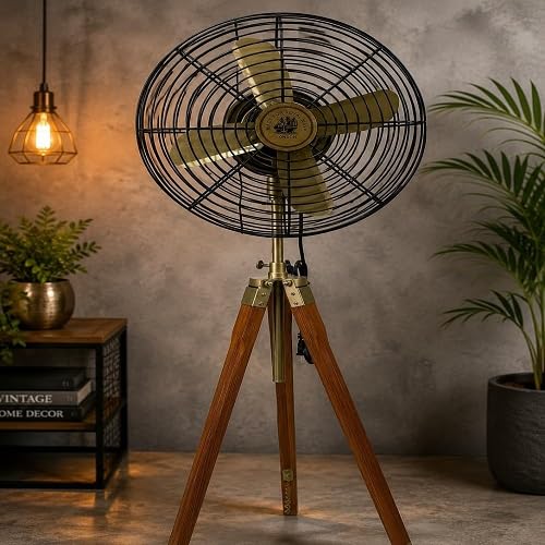 Antique Tripod Floor Fan with Wooden Legs and Brass Finish | Vintage Retro Design, Wooden Tripod Stand, Metal Wire Guard, Adjustable Height, Indoor Use-image-46