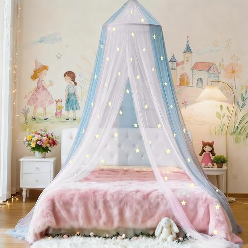 Image of Two-Tone Bed Canopy Mosquito Net, Bed Canopy for Girls Room Decor - Insect Protection Hanging Canopy for Indoor(White+Blue,Stars Glow in the Dark)