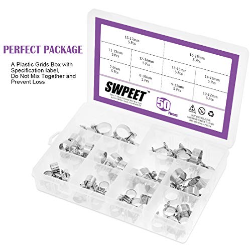 Swpeet 50Pcs 10 Sizes 304 Stainless Steel Mini Fuel Injection Line Style Hose Clamp Assortment Kit Perfect For Automotive, Agriculture, Plant & Construction #TOP3