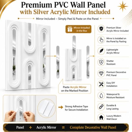 Image of Kayra Decor 3D PVC Wall Panels with Silver Acrylic | Loops Design | White | 19.7 x 19.7 Inch | Pack of 12 | Covers 32.38 Sq Ft