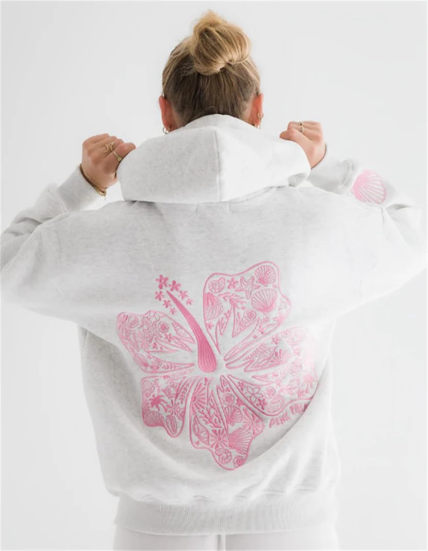 Felpe con Cappuccio Donna Tropical Floral Flower Beach Felpa Pink Palm-Puff Hoodie Pullover Manica Lunga Outwear Tops con Tasca