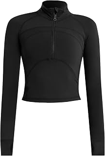 Perbai Womens Cropped Workout Top 1/2 Zip Long Sleeve Yoga Athletic Shirt Pullover with Thumb Hole(Black-S)