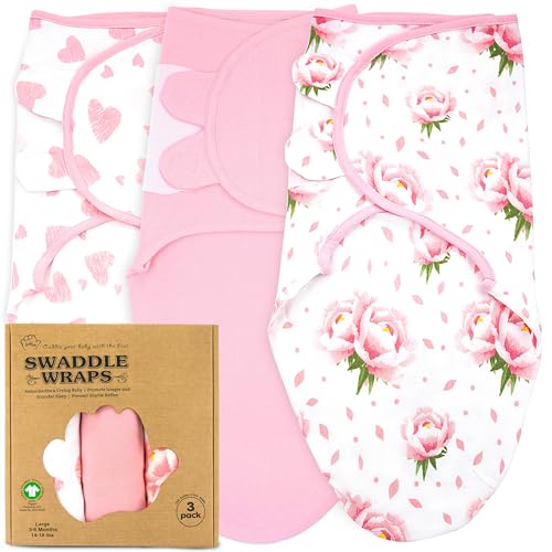 Image of Bublo Baby Swaddles for Newborns – 3-Pack Infant Swaddles 3-6 Months – Adjustable Swaddle Sleep Sack – Soft Organic Cotton Baby Wrap for Safe & Cozy Sleep (Hearts-Flowers)