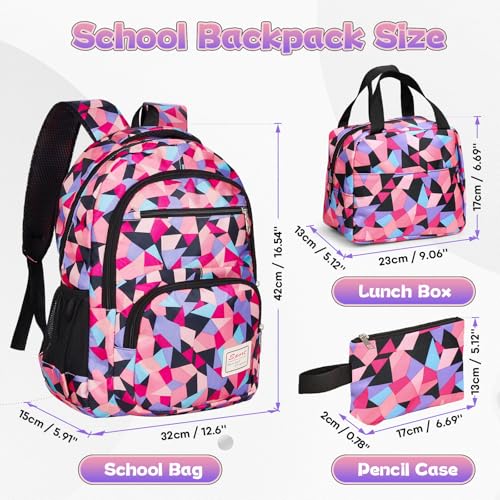 Yarmiene Schulrucksack Set für Teenager Mit Lunchtasche und Bleistiftbeutel, Schulranzen für Jungen und Mädchen 4+. Klasse, Lila