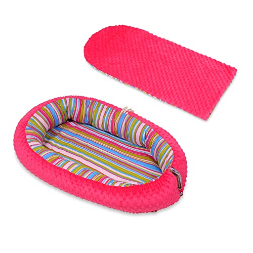 Velinda Kuschelnest Babynest Babynestchen Nestchen Reisebett Wickelauflage Kuschelbett (Muster: Bunte Streifen 1 - rosa)