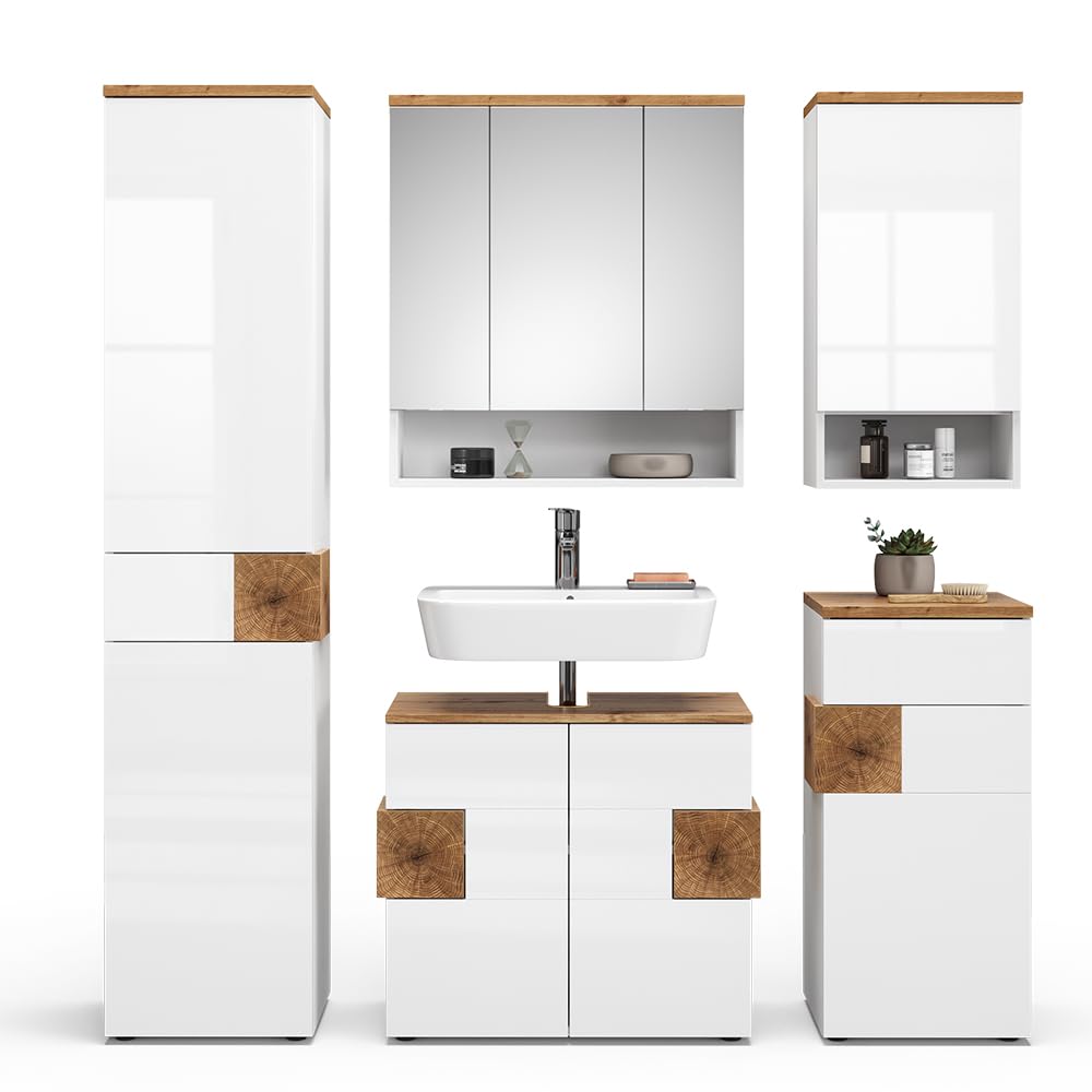 Vicco Badmöbel-Set Eden, Weiß Hochglanz, 73 cm, besteht aus Waschbeckenunterschrank, Spiegelschrank, Hochschrank, Midischrank und Hängeschrank