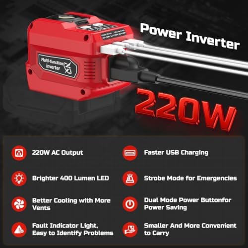 220W Power Inverter for Milwaukee 18V Battery, DC 18V to AC 110V Battery Inverter, Portable Power Station Generator with 1 AC Outlet, 2 USB Ports & 1 Type-C Fast Charging, 400LM LED Work Light — view 3