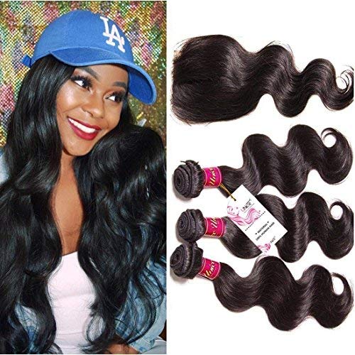 UNice Hair Icenu Series Free Part 1pc 4x4 Lace Closure with Virgin Brazilian Human Hair 3 Bundles Weaves 4pcs Lot Body Wave Natural Color (12 14 16+10 Free Part)