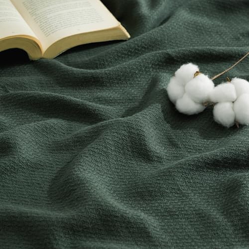 Image of Bedsure 100% Cotton Blanket, Herringbone Weave, Throw XL, Dark Green