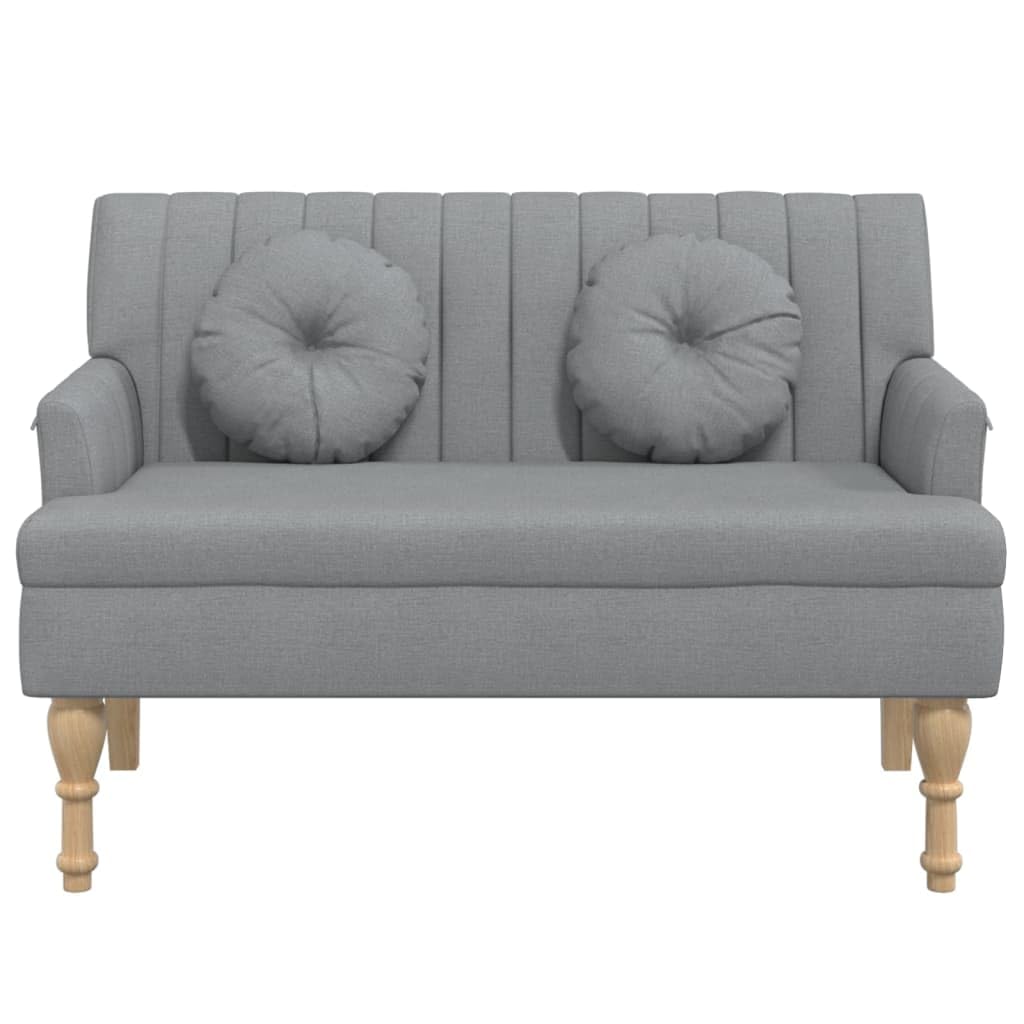 Banco de tela gris claro 113 x 64,5 x 75,5 cm con respaldo, asiento y reposabrazos acolchados gruesos, patas de madera de caucho maciza, estructura de madera contrachapada robusta, soporta