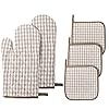 Oven Mitts and Pot Holders 5 pcs Heat Resistant Cotton Vintage Gingham Oven Mitts and Potholders Hot Pads Mats Coasters Set for Cooking Baking Light Brown Set