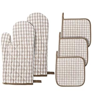 Oven Mitts and Pot Holders 5 pcs Heat Resistant Cotton Vintage Gingham Oven Mitts and Potholders Hot Pads Mats Coasters Set for Cooking Baking Light Brown Set