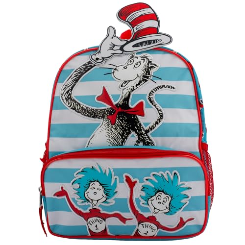 Image of AI ACCESSORY INNOVATIONS Dr. Seuss's The Cat In The Hat Mini Backpack, 12 inch x 10 inch x 4 inch, Kids School Bag with Thing One and Thing Two Design, White /Red /Blue