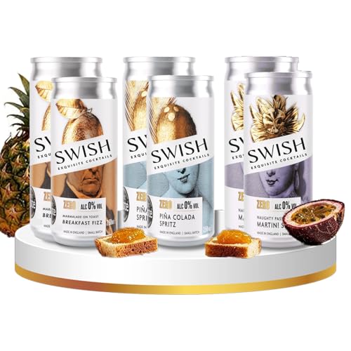 SWISH Zero Variety Pack Alcohol-Free Sparkling Cocktail Sampler Piña Colada Passion Fruit & Breakfast Fizz Mocktails Zero Proof Drinks Vegan Premium Non-Alcoholic Cocktail Mix - 6 x 250ml