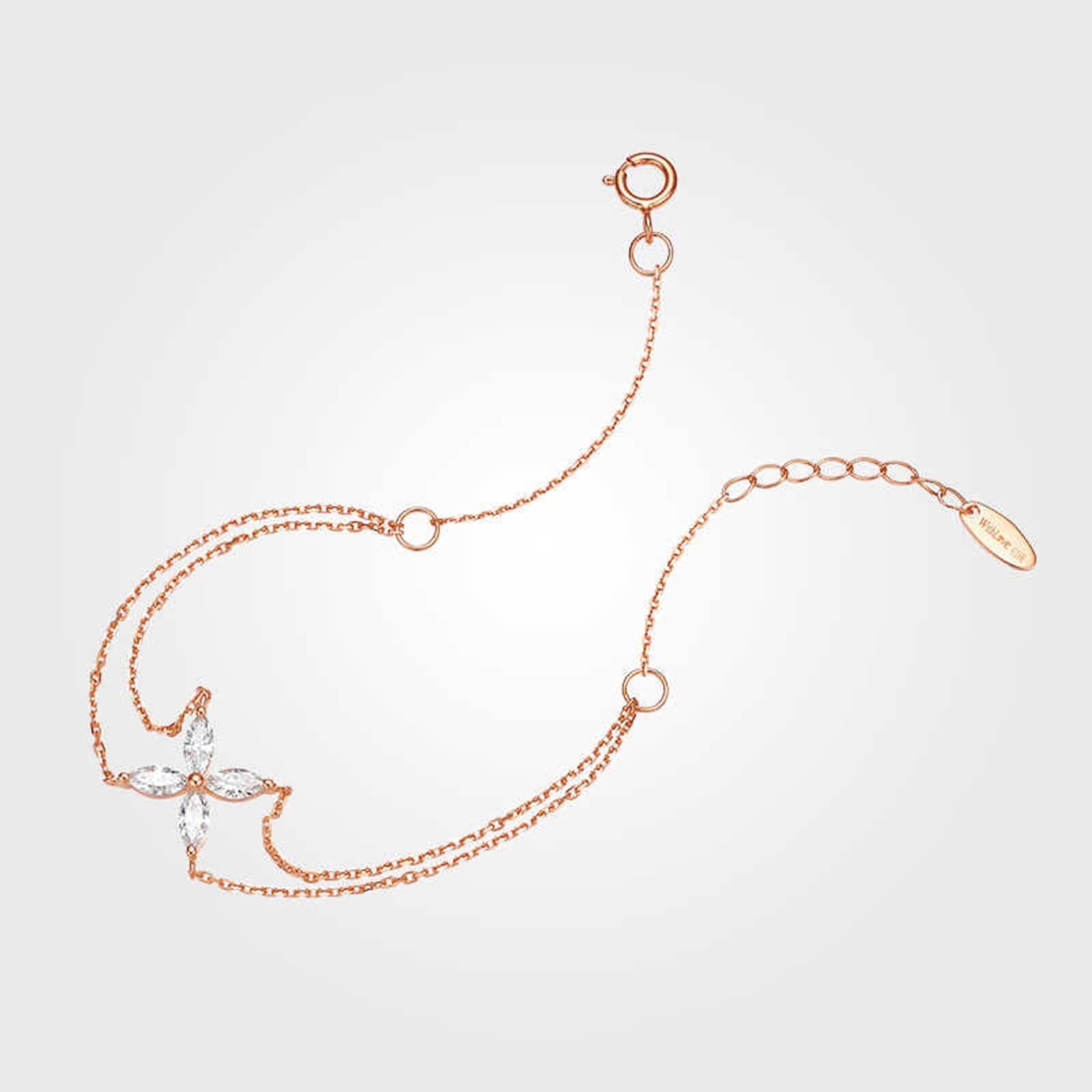 Pulseras Oro Rosa 9K / 14K / 18K Mujer, Cadena Doble Capa con Diamante, Cadena Extensible 16 CM + 5 CM, Pulseras Ajustable Mujer de Oro Rosa