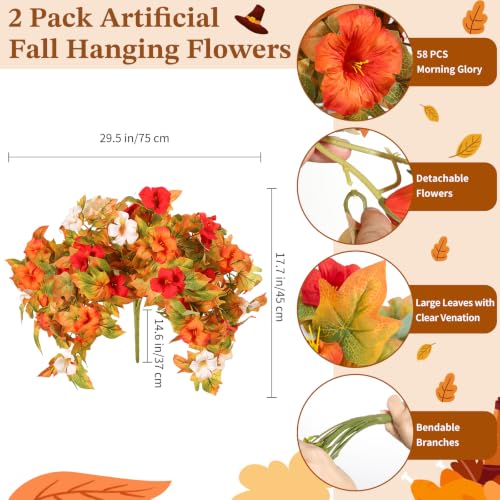 Image of Lewondr Artificial Fall Hanging Flowers UV Resistant Silk Petunias, Mixed | White & Orange Morning Glory, No Watering Needed, Fade Proof, for Porch Patio Yard Baskets, Autumn Decor, Indoor Outdoor Use