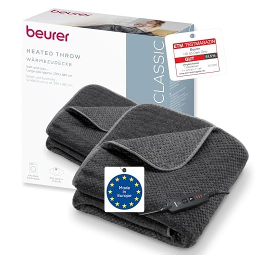 Beurer HD 65 Heizdecke, leichte Wärmedecke aus weichem Material mit 3 Temperaturstufen, Heizdecke mit Abschaltautomatik und Sicherheitssystem, maschinenwaschbar bei 30 °C, Made in Europe, grau