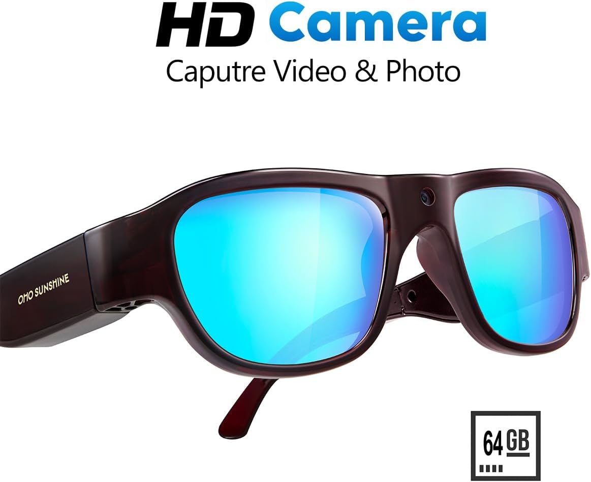 OhO sunshine High Resolution Camera Glasses, 64GB Full HD 1080P Video Indoor and Outdoor with Built in 16MP Camera and Blue Polarized UV400 Lens