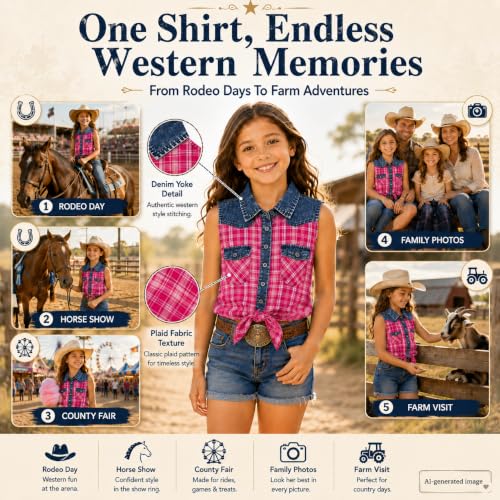 Image of Bienzoe Western Plaid Girls Shirt: Sleeveless Button Down | For girls who love cowgirl style, rodeo days, country concerts, summer comfort, family photos, horse shows, outdoor fun