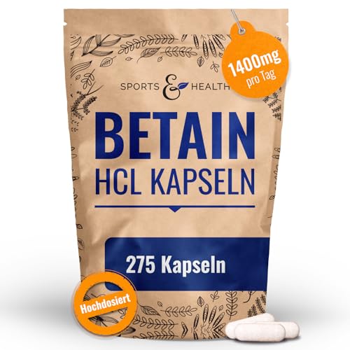 Betain HCL Kapseln – 275 Betaine Hydrochlorid Kapseln – 1400mg pro Tagesdosierung – HCL Pulver in Kapselform – Vegan Betaine-HCL – Reine Betaine Hydrochloride aus eigener Produktion aus dem Harz
