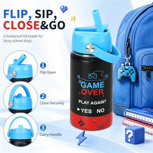 Image of Kids Insulated Water Bottle with Straw Lid, 14oz Double Wall Vacuum Stainless Steel Tumbler, Leak Proof Reusable Metal School Cup for Boys Girls, Keep Cold 24H Hot 12H (Blue-Red-GAME(Pack 2))