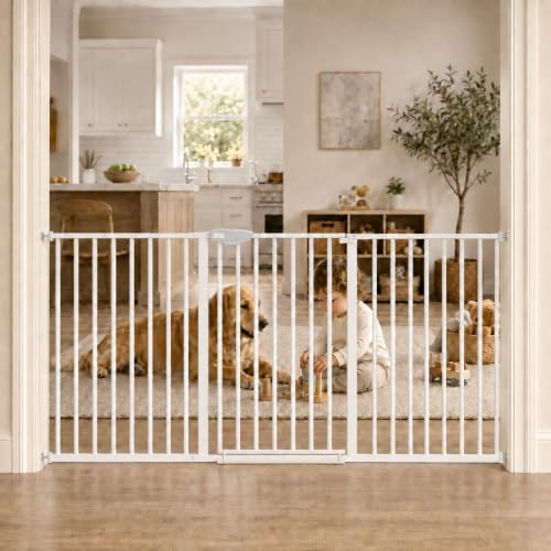 Image of WAOWAO Triple Lock Baby Gate Extra Wide 67.32-72.04 inch Pressure Mounted Walk Through Swing Auto Close Safety White Metal Dog Pet Puppy Cat for Stairs,Doorways,Kitchen