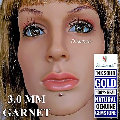 Diwani 14K Gold 3.0Mm Natural Garnet Gemstone Engagement Wedding Nose Lip Labret Monroe Body Piercing Ring Stud Pin Screw (0.120 Cents, Color- Red) 18 Gauge Thick 8.0Mm Length Screw Back Post #TOP3