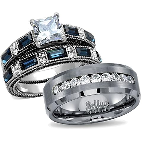 Bellux Style His & Hers Wedding Ring Sets Women's Stainless Steel Vintage Ring Set & Men's Titanimum Wedding Band (Women's Size 05 & Men's Size 09) Cover