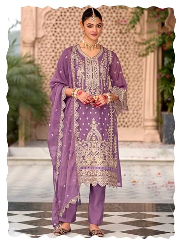 Image of INDO ERA Women's Organza Embroidered Straight Kurta and Pant with Dupatta Set (IEOUT10606)